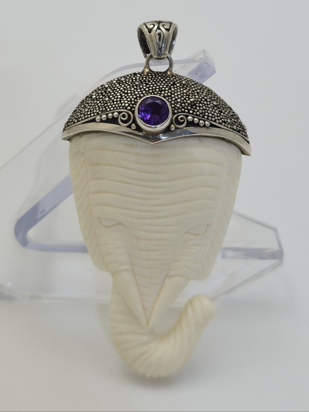 Sterling Silver Carved Bone Elephant With Headdress Pendant - Amethyst Accent